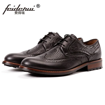 

2019 Vintage Man Wingtip Brogue Derby Shoes Genuine Leather Handcrafted Round Toe Men's Wedding Party Flats For Gentleman SS475