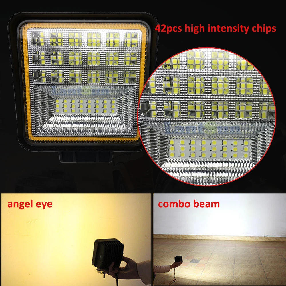 126 Вт квадратный светодиодный Рабочий фонарь с желтым Halo кольцом DRL для внедорожных автомобилей Светодиодный рабочий светильник бар точечное Наводнение комбинированное Вождение по бездорожью