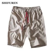 Shifuren новые летние Для Мужчин's Повседневное льняные и хлопковые шорты дышащий по колено эластичный пояс мужской Пляжные шорты одноцветное Цвет
