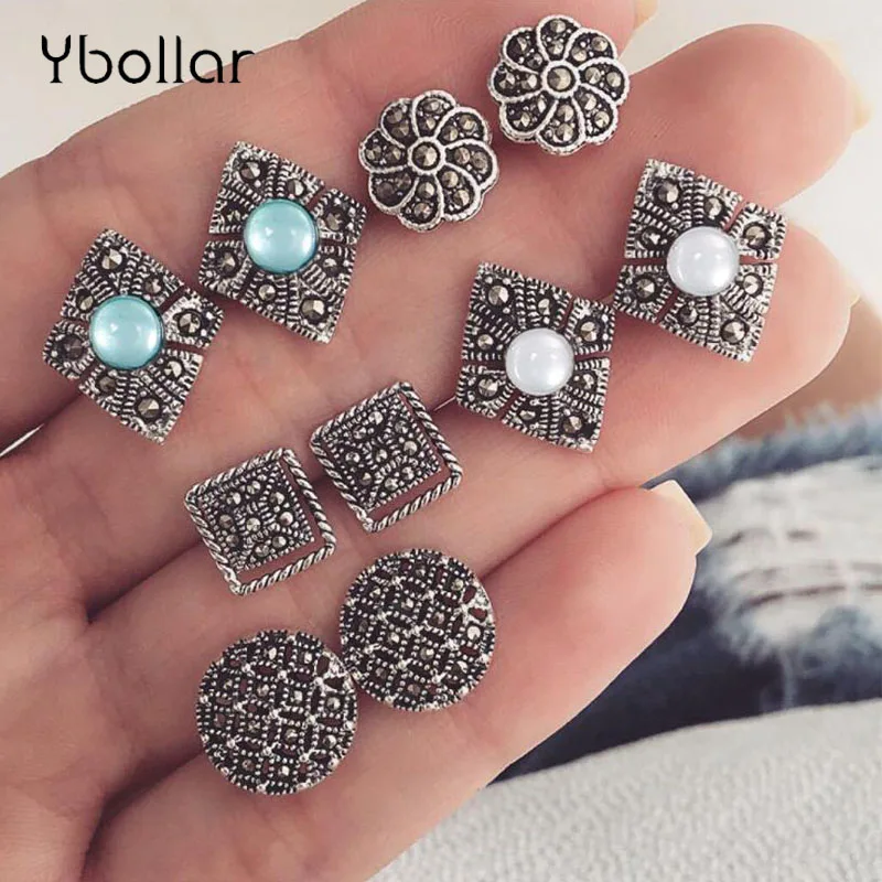 

5 Pairs Stud Earrings Set Bohemian Women Large Square Round Flower Carved Antique Silver Ear Studs Jewelry Gift