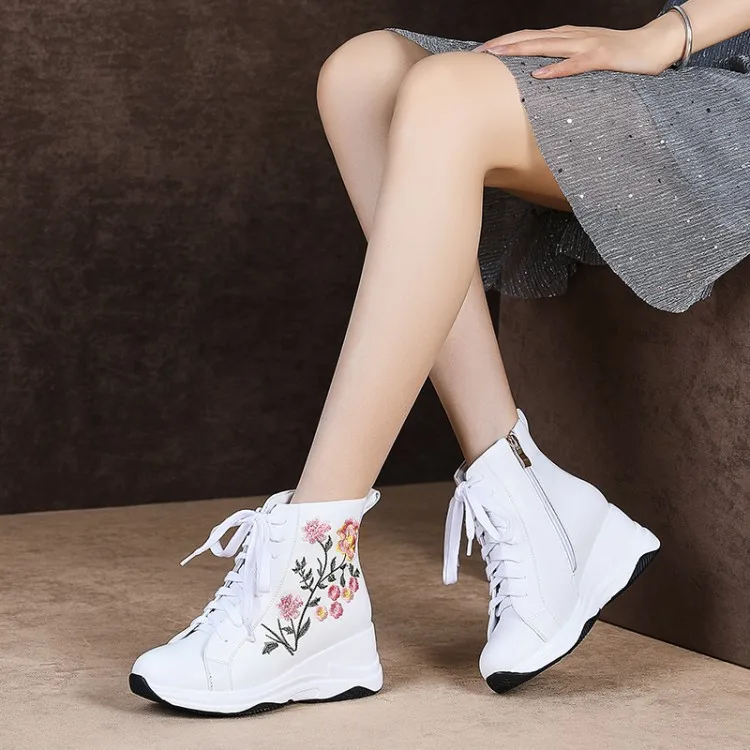 

PXELENA 2019 Autumn New Women White Sneakers Genuine Leather Handmade Embroider Chunky Heel High Top Dad Shoes Lace Up Comfort