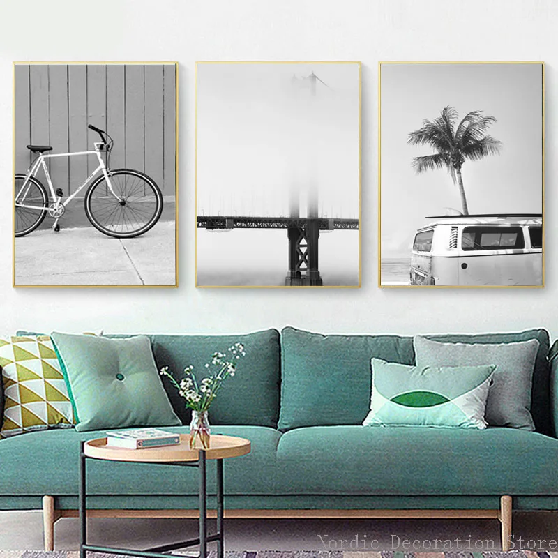 Nordic Black And White Tree Travel Car Wall Art Canvas Bicycle Posters