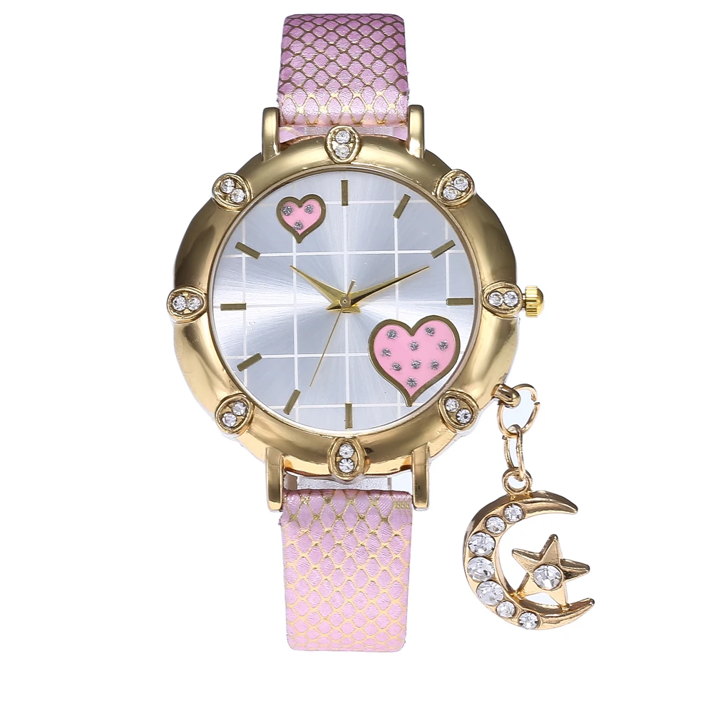 

2019 Fashion Wrist Watches Lady Moon Star Charm Diamond Watch Women Snakeskin PU Gold Buckle Clock Rhinestone Watch for Women
