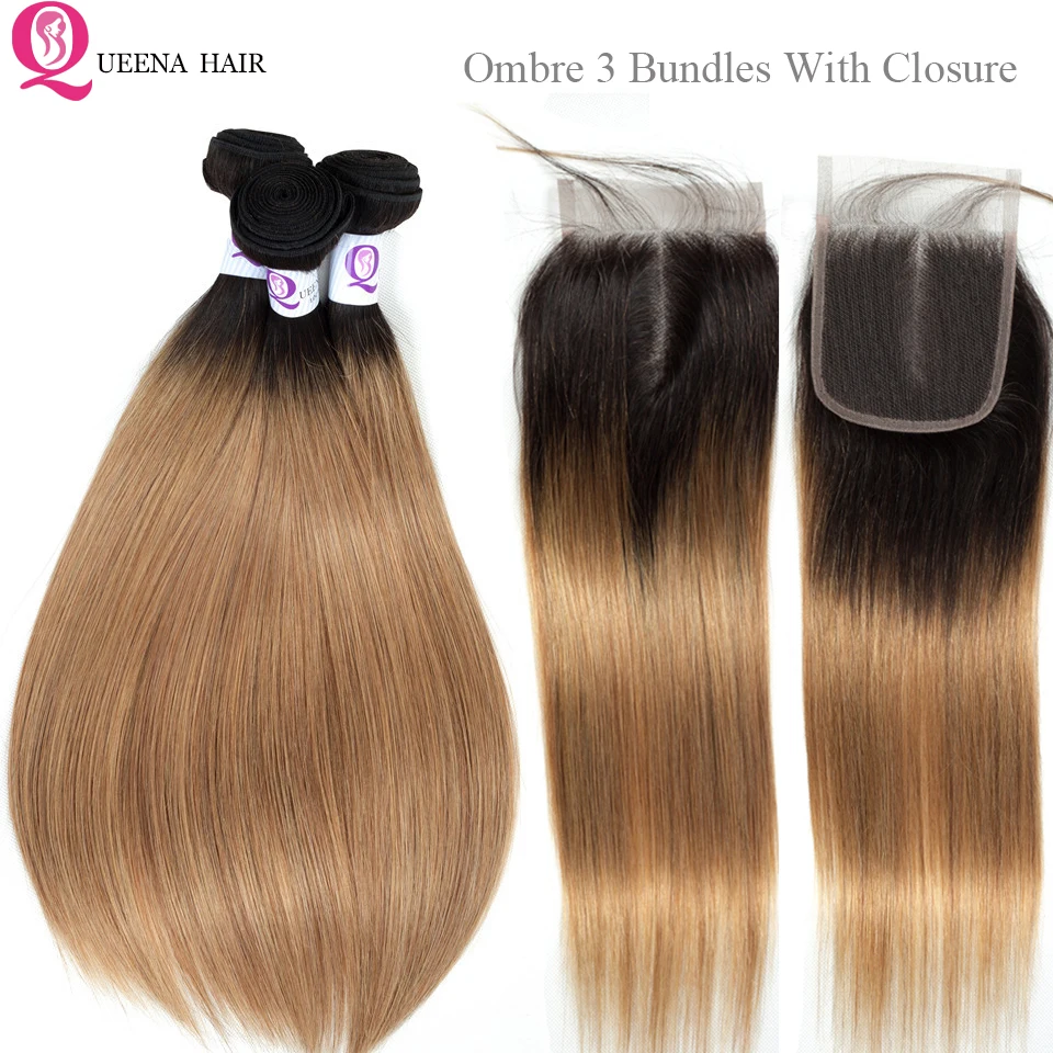 

Malaysian Ombre Straight Hair Bundles With Closure With Baby Hair1B/27 Ombre Honey Blonde Bundles With Closure Remy Human Hair