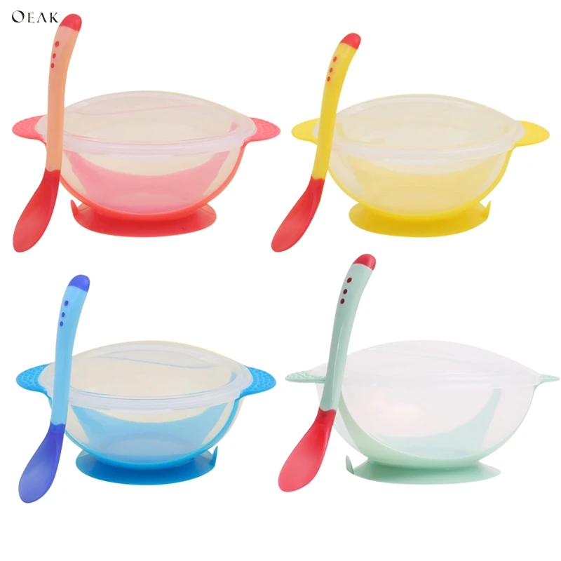 

Oeak Children' Safe Tableware Baby Learning Dishes With Suction Cup Feeding Bowl Temperature Sensing Spoon Baby Feeder