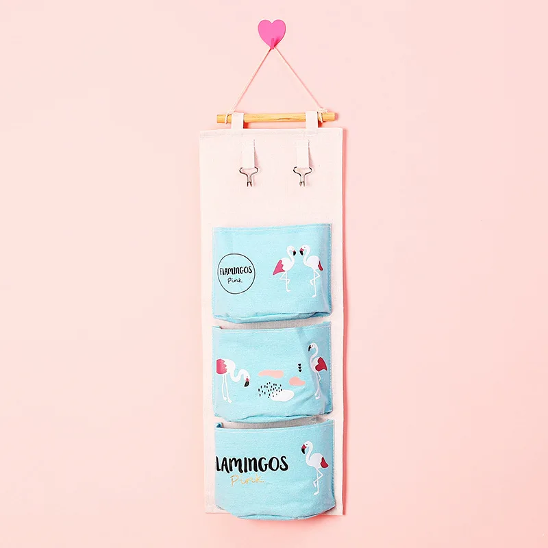 Flamingo Hanging Bag Storage Organizer Cotton Line Door Pouch Wall Mount Hang Bag Waterproof Cosmetic Toys Container 3 Pockets (3)