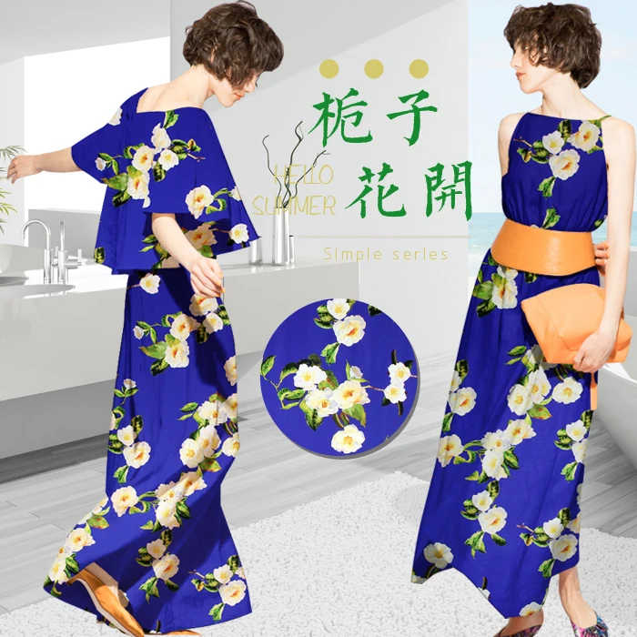 

PRINTED SILK STRETCH SATIN 118cm width 19momme/Pure Mulberry Silk Fabric Wedding Party Dresses Gardenia Pattern free shipping