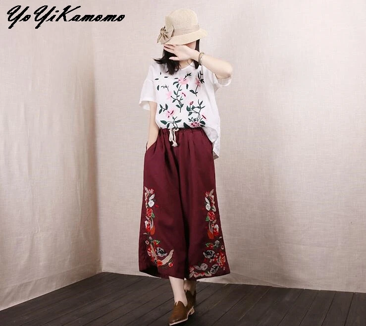 

YoYiKamomo 2017 Women Trousers Autumn Spring New Vintage wide legged Pants Embroidered Cotton Linen Loose Casual Women Pants