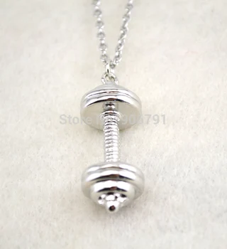 

Newest styles fashion 50pcs a lot rhodium plated Weightlifting barbell pendant sports necklace