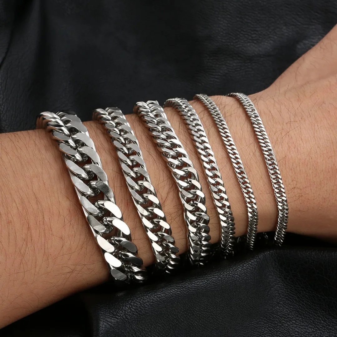 Classic Vintage Stainless Steel Bracelet Hip Hop Stylish Silver Color 6 Size Hand Chain Punk Rock Jewelry Accessories For Men