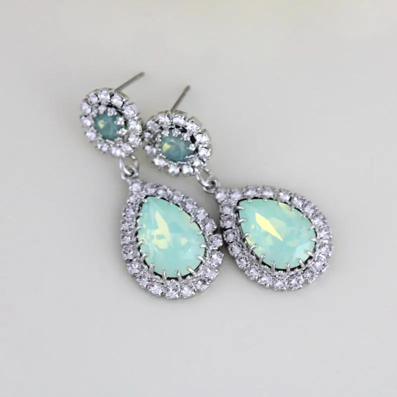 

Mint Green Earrings, Green Opal Earrings, Bridal Earrings, Bridal Jewelry, Wedding Earrings, Crystal Earrings, Teardrop Earrings