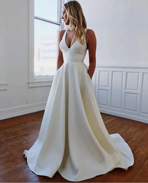 Simple V Neck Wedding Dresses Cut Out Bow Back Sleeveless Covered