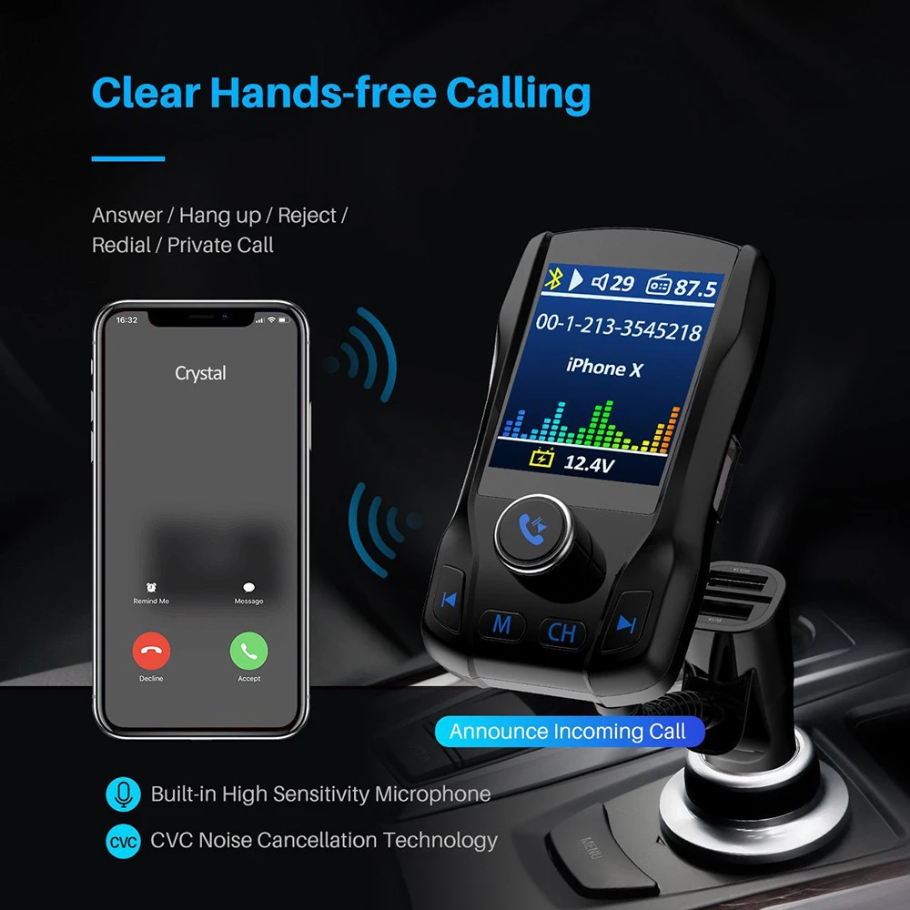 JINSERTA, цветной экран, fm-передатчик, беспроводной, Bluetooth, громкая связь, автомобильный комплект, 360 Вращающийся, Автомобильный MP3 аудио с 5 В, 3.1A, двойной USB