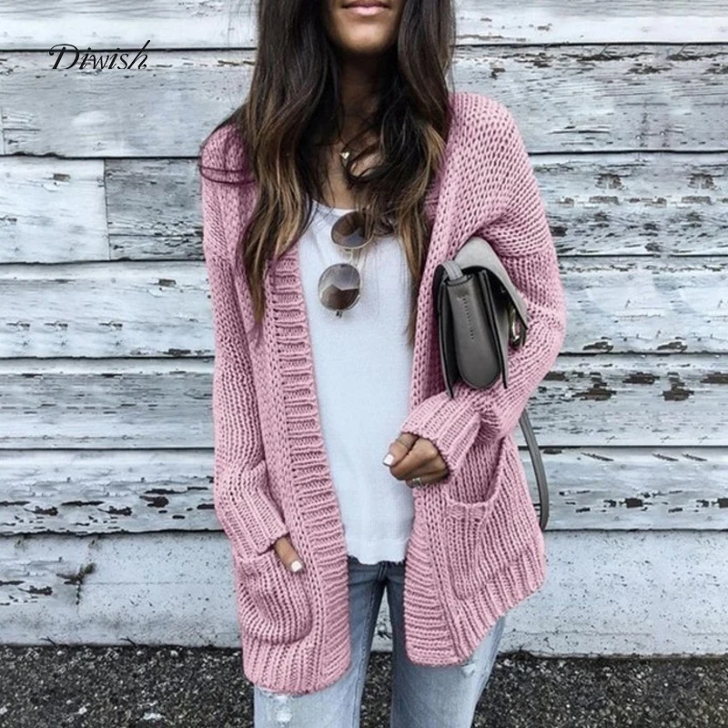

Diwish Women Winter Sweater Cardigans Coat with Pocket Loose Long Sleeve Solid Color Cover Up Casual Style Knitted Sweater 2019