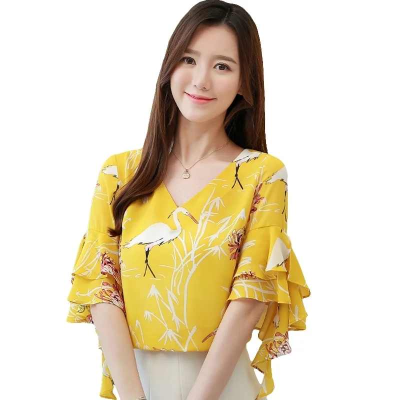 

Women Blouse Printed Chiffon Shirts Blouse Short Sleeve Shirt Summer Women's Fashion V-neck Loose Ruffled Women Tops