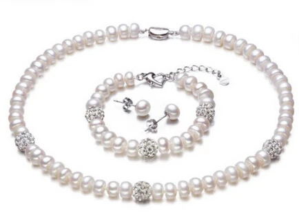 

charm Jew.657 freshwater pearl rhinestone bib necklace bracelet earring set white rondelle hot