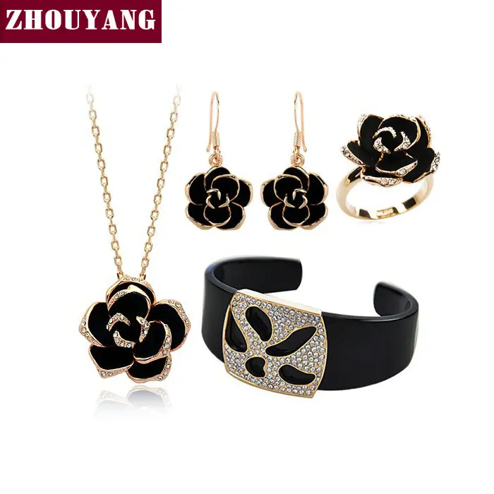 

Top Quality ZYS174 Black Rose Rose Gold Color Jewelry Necklace Earring Ring Bangle Set Rhinestone Made with Austrian Crystals