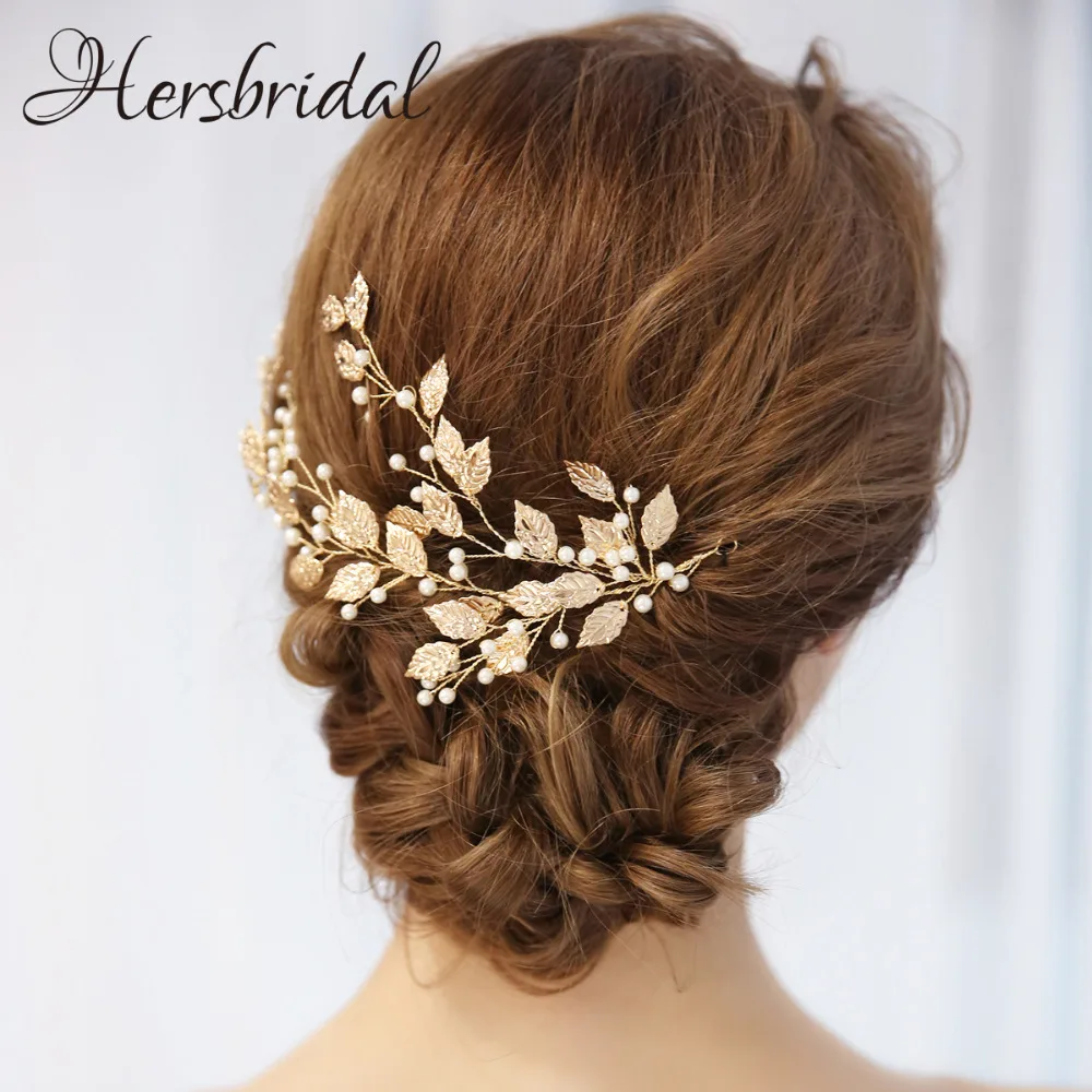 Antique Gold Leaf Bridal Headpiece Handmade Wedding Wreath Pearls Hair Adornments For Brides 2018  (3)