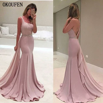 

Prom Evening Dresses 2019 Mermaid Backless Dusty Rose Draping Sleeveless Chiffon robe de soiree vestido de fiesta de noche abiye