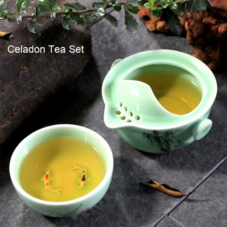 BORREY Celadon Gaiwan дорожный чайный сервиз, китайский фарфоровый чайный горшок, Набор чашек, керамический гайвань, чайный горшок, портативный чайный набор кунг-фу, Чайник Пуэр