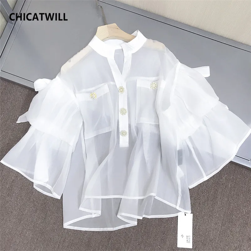 

CHICATWILL Summer Designer French style office lady white ruffles Blouses women elegant Flare Sleeves OL Tops