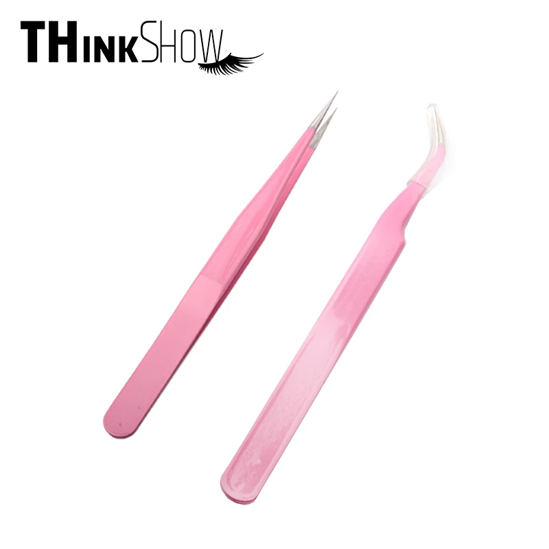 

2 Pcs Pink Stainless Steel Tweezers Used on 3D Volume Lashes Straight & Curved Optional Tweezers Professional Eyelash Tweezers
