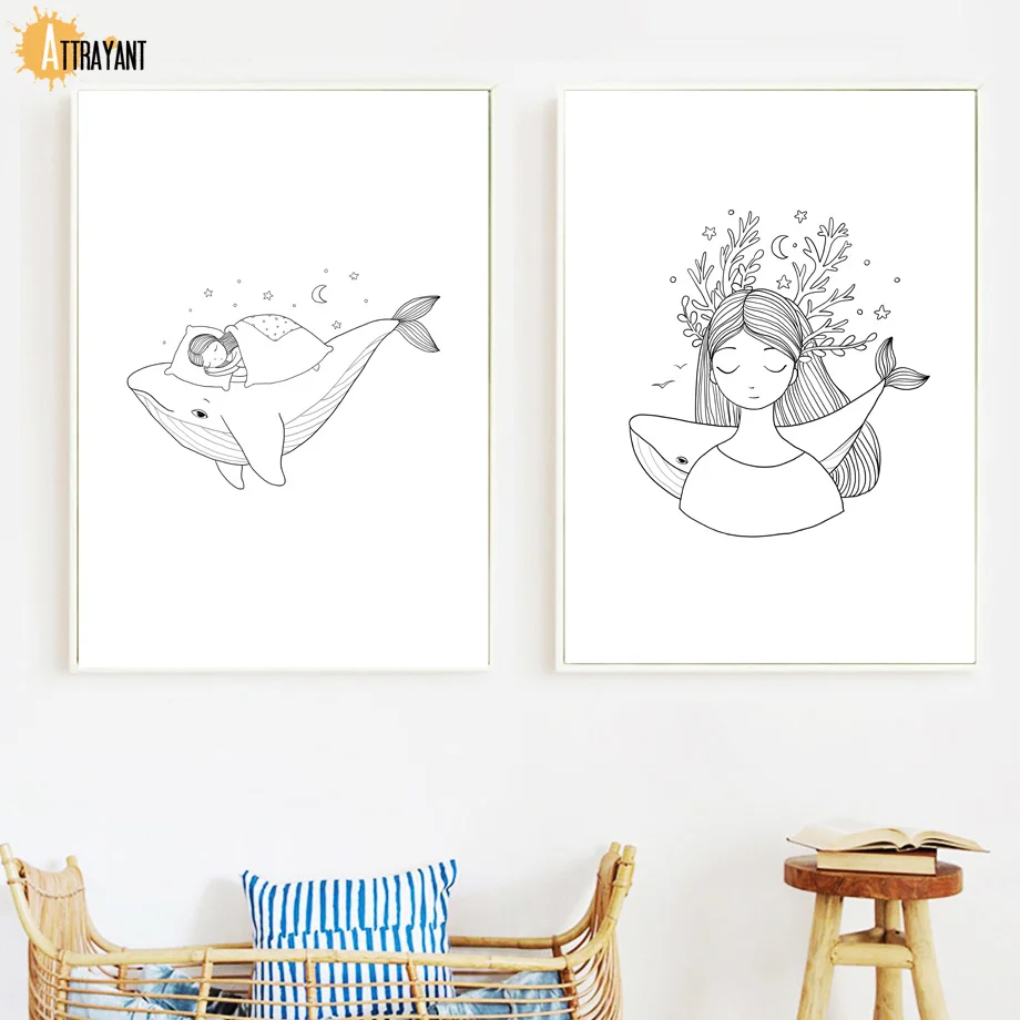 

Whale Girl Sleeping Beauty Wall Art Canvas Painting Nordic Posters And Prints Wall Pictures For Kids Baby Girl Room Home Decor