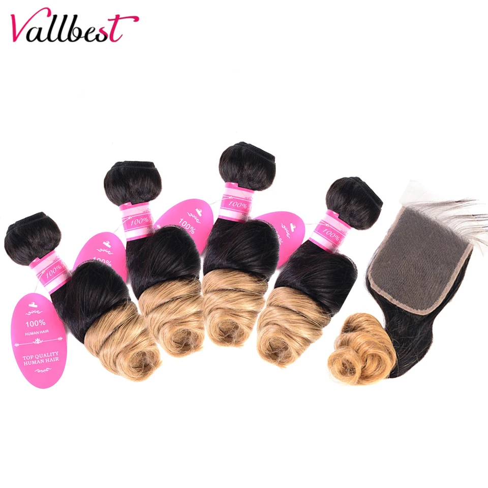 

Vallbest Brazilian Hair Weave Bundles With Closure Loose Wave Ombre T1b/27# Human Hair 4 Bundles With Closure Free Part Non Remy