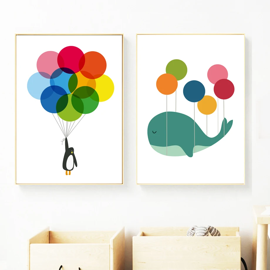 

Cartoon Whale Penguin Balloon Animal Wall Art Canvas Painting Nordic Posters And Prints Wall Pictures Kids Room Nursery Decor