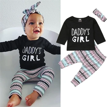 

0-2Y US Stock Newborn Baby Girls Letter Print Bodysuit +Striped Pants Headband Outfit Autumn Set