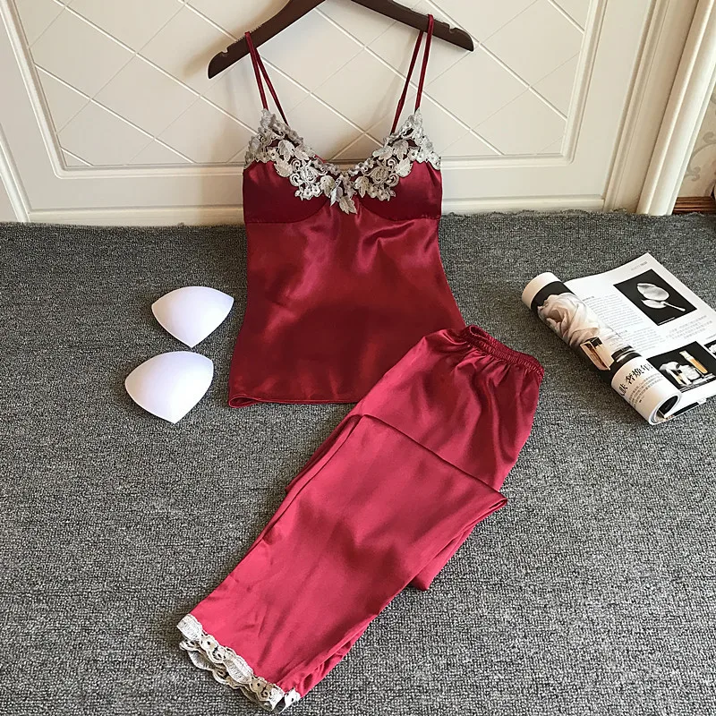 

Spring New Lace Sexy Women Pajama Set With Pad Spaghetti Strap Casual Women Pijama