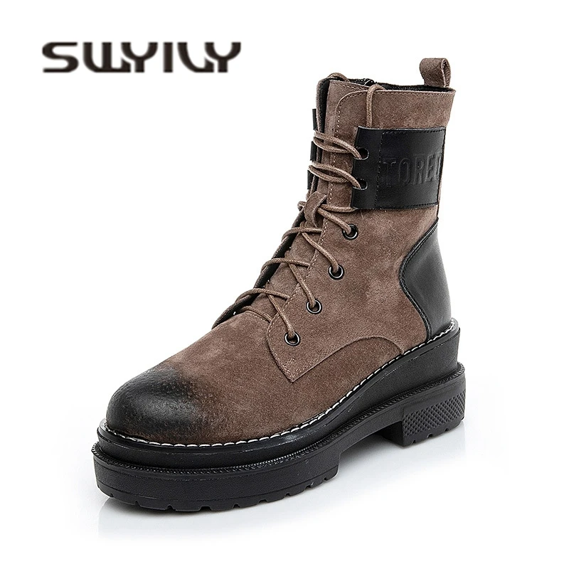 SWYIVY Genine Leather Woman Martin Boots High Top 2018 Autumn Winter Warm Fur Fashion Shoes Wedge Side Zip Snow Boots Velvet