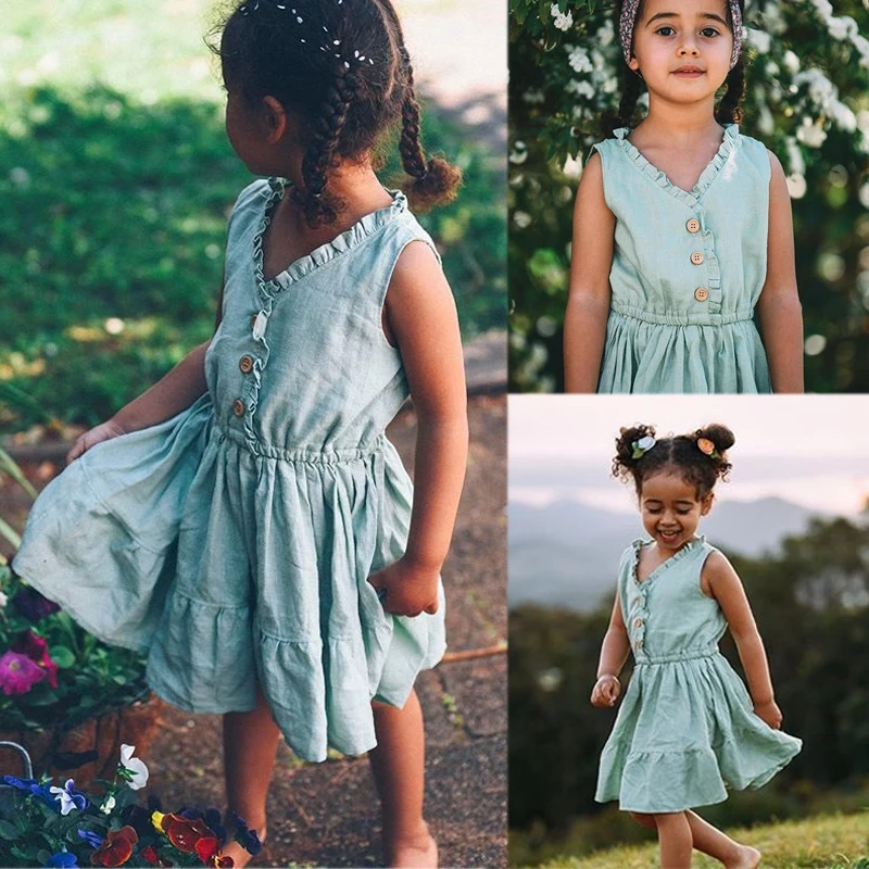 Summer New Sweet Baby Girls Kids Ruffles Toddler Sleeveless V-neck Solid Sundress Princess Party Girl Causal Dresses | Детская одежда и