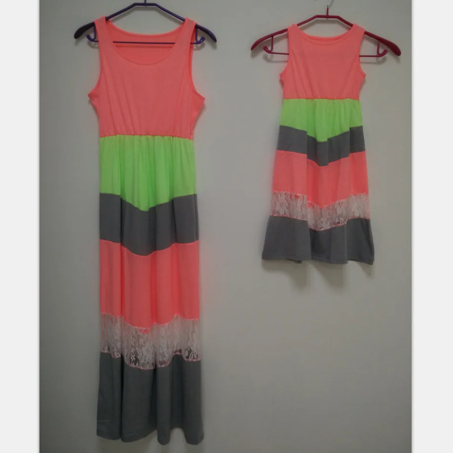 ZOGAA 2019 fluorescent lace stitching moeder dochter kleding striped mother daughter dresses solid family matching clothes ZOGAA 2019 fluorescent lace stitching moeder dochter kleding striped mother daughter dresses solid family matching clothes