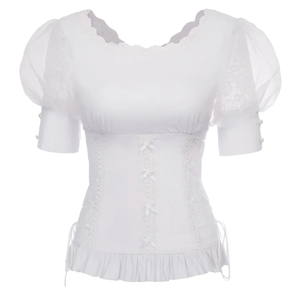 Crew neck Corset tops Retro Shirt Evening party Ladies Blouse Bandage V-back Ruffled hem Casual Womens Fashion | Женская одежда