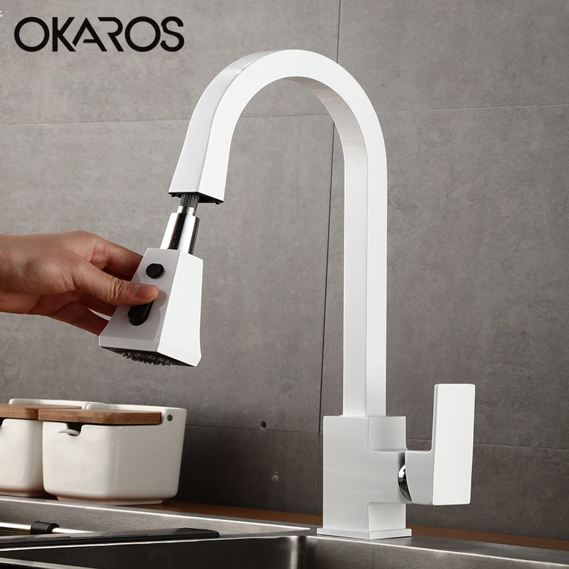 

OKAROS Square Pull Out White Kitchen Sink Faucet With Hand Shower Single Lever Water Mixer Tap C042