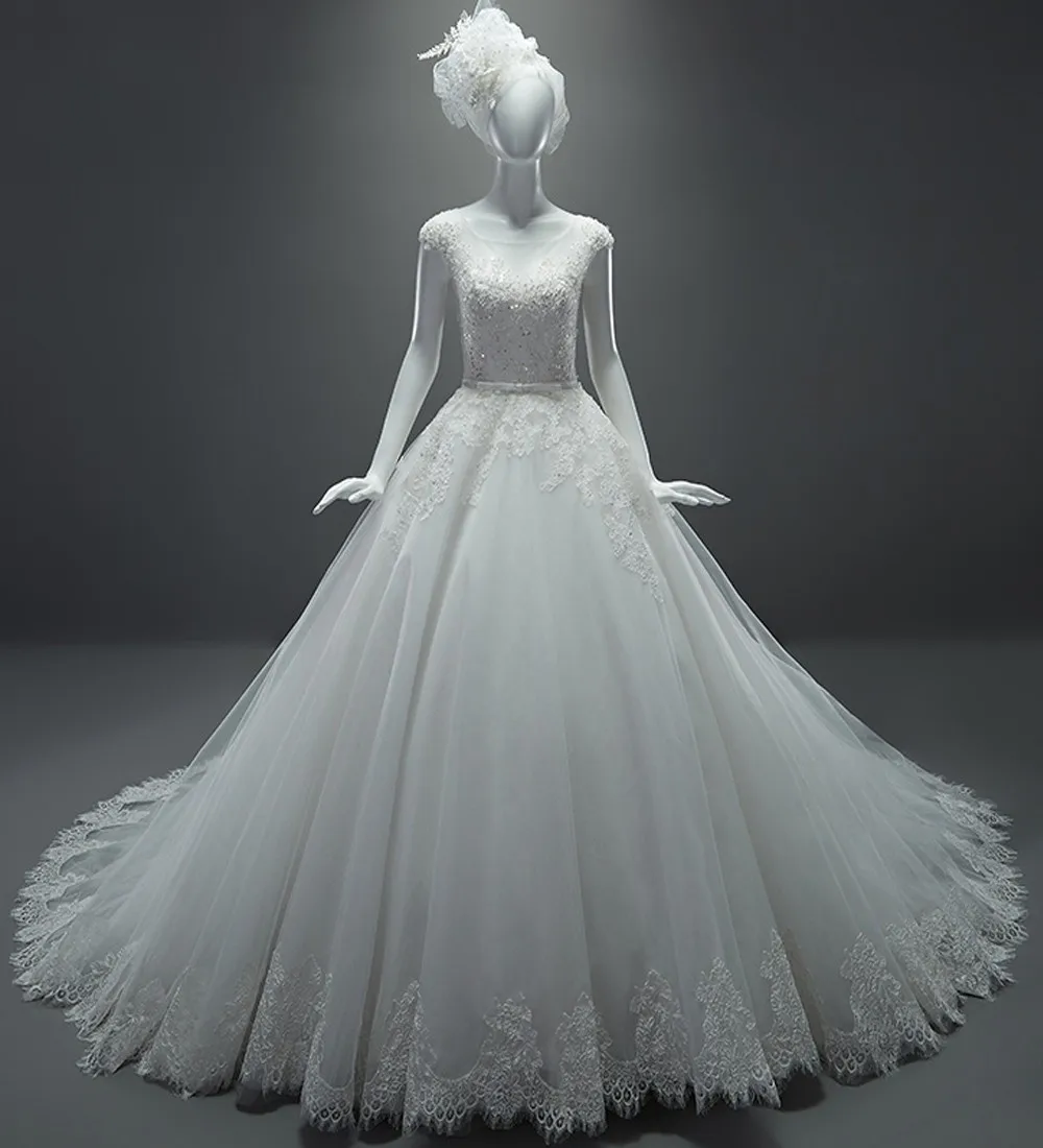 

Real Sample Wedding Dresses A-Line See Through Cap Sleeves Sash Chapel Train Lace Wedding Dress Vestido De Casamento 2015 MK-29