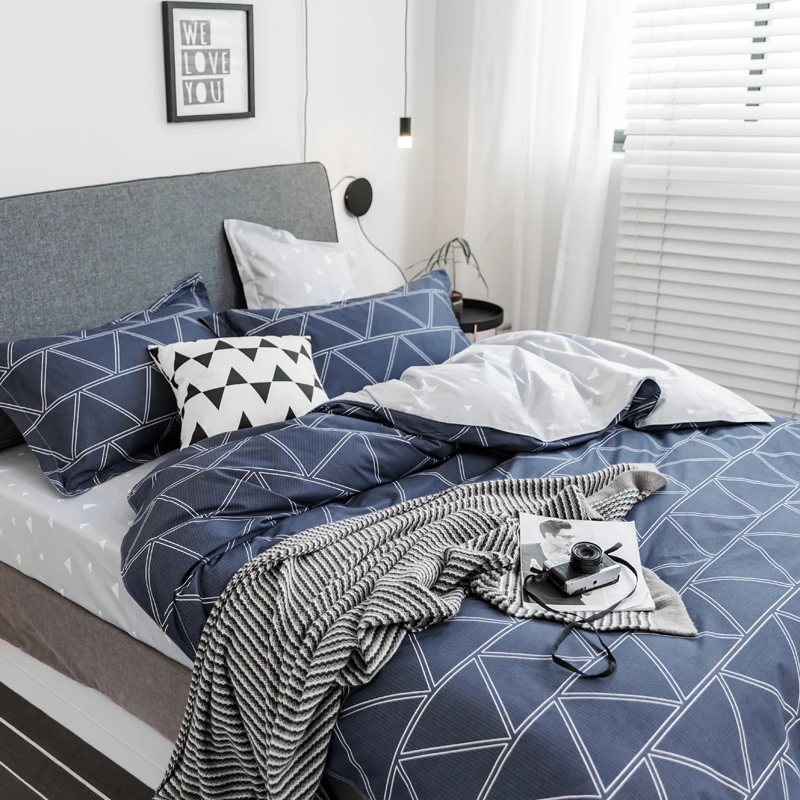 

geometric shape 78"x90" duvet cover plaid flat sheet pillow case Reactive printed 100% cotto 4pcs bedding sets