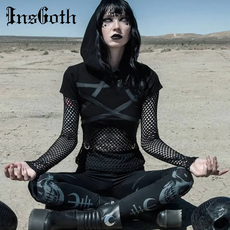 Online Camisetas góticas de mujer negras con estampado de pentagrama de malla de manga larga Sexy ahuecadas para mujer Camisetas de moda ropa de calle