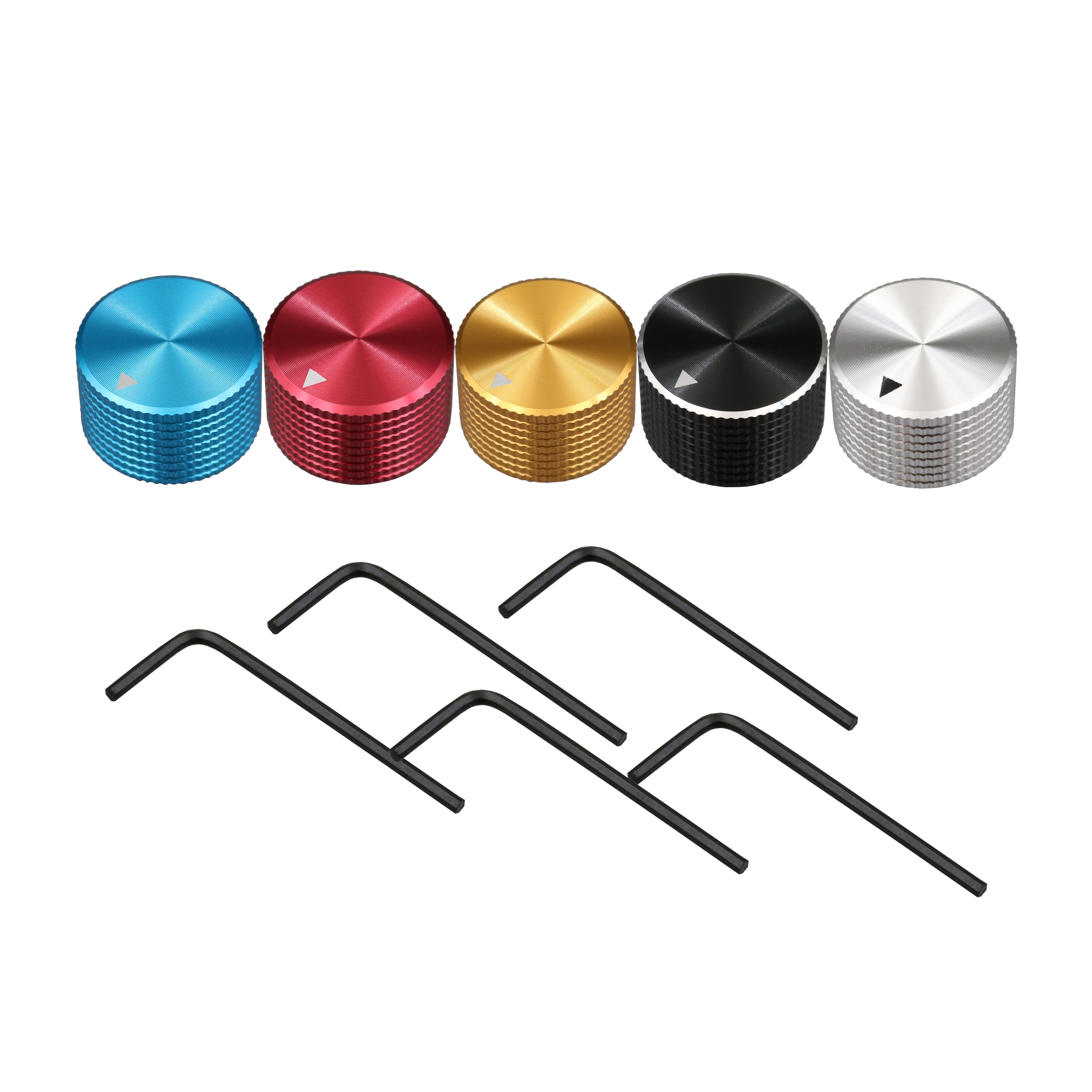 

Free shipping 5Pcs Five Color aluminum 25*15.5 6mm knob cap with the pointer hole forr potentiometer High Qulity