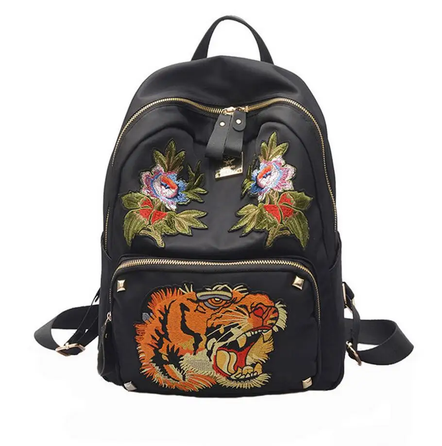 2017 Street Backpacks Women Embroidery Flower Tiger Backpacks For Teenage Girls Fashion Casual Travel School Bags