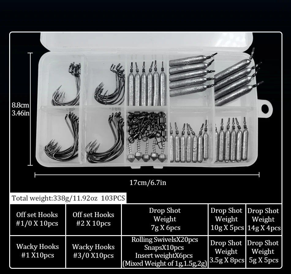 103 шт., коробка для рыболовных снастей, Швабра, рыболовные аксессуары со смещенными крючками, свинцовый рыболовный крючок для ловли басов