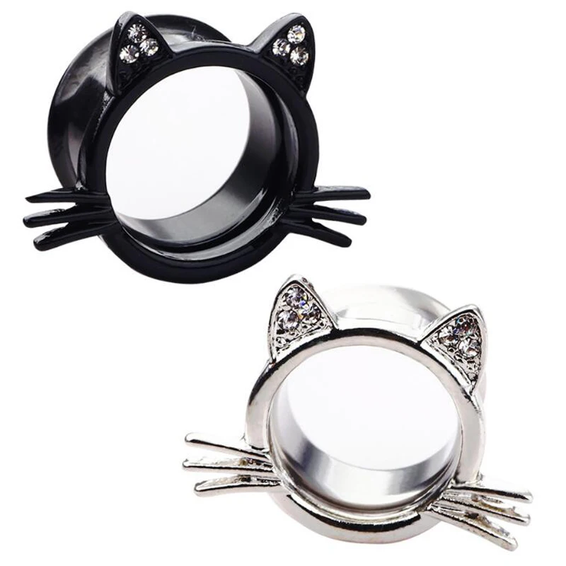 

2 Piece Crystal Cat Ear Plug Stainless stee Flat Flare Screw Fit Ear Plugs Cute Kitty Gauges Flesh Tunnel body Piercing jewelry