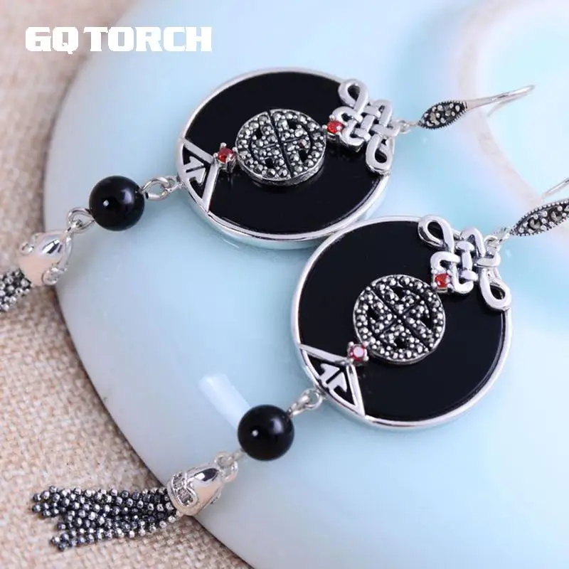 GQTORCH 925 Sterling Silver Tassel Earrings With Truelove Knot Exquisite Natural Black Onyx Stone Ethnic Style GQTORCH 925 Sterling Silver Tassel Earrings With Truelove Knot Exquisite Natural Black Onyx Stone Ethnic Style