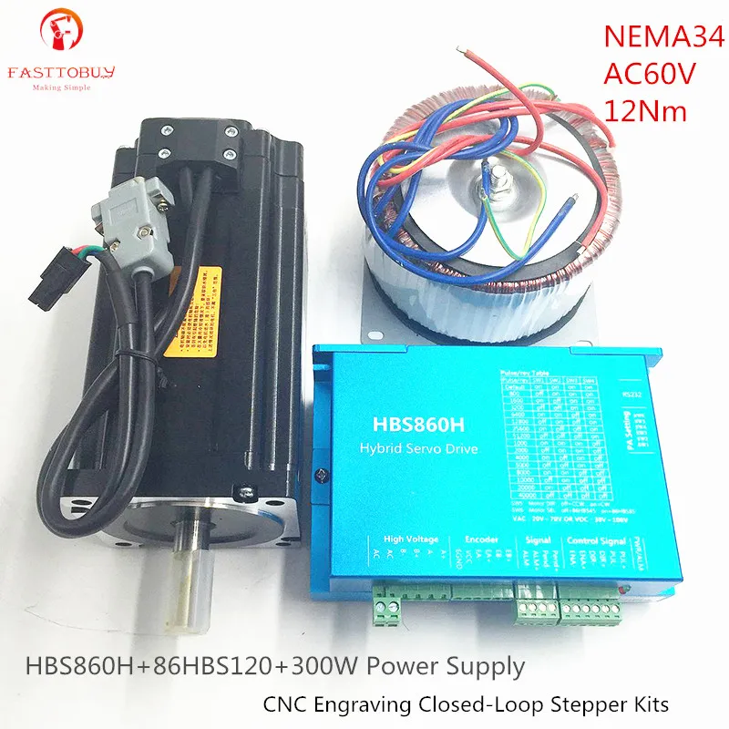 

NEMA34 12Nm CNC Engraving Easy Servo Closed-Loop Stepper Drive+Motor+AC60V Power Supply HBS860H+86HBS120+Power Supply+Calbes