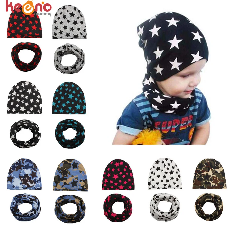 Autumn Winter Cotton Baby Hat Boys Girls Stars Beanies with Scarf New Spring Baby Knit Collar Scarf Beanie Cap Headgear Set (12)