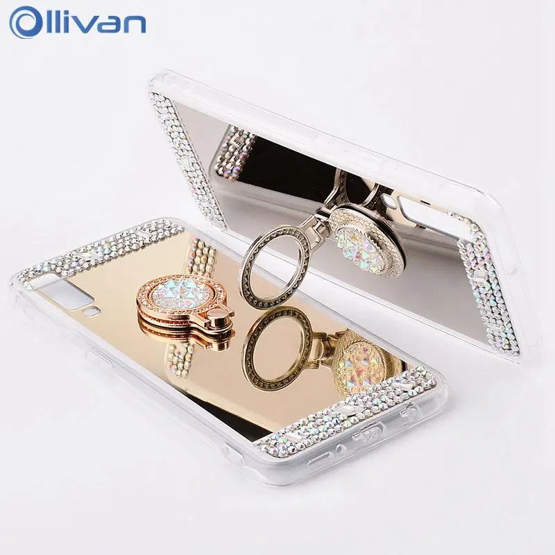 

Luxury Rhinestone Mirror Case For Samsung Galaxy A7 2018 Case Glitter Finger Ring Phone Holder Cover For Samsung A7 2018 A750