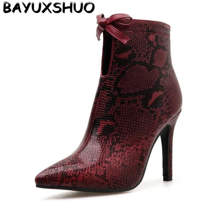 

BAYUXSHUO Autumn Snake Women Boots Pointed Stiletto Heels Bow-knot Decoration Sexy Booties Fashion Party Roman Style Women Shoes