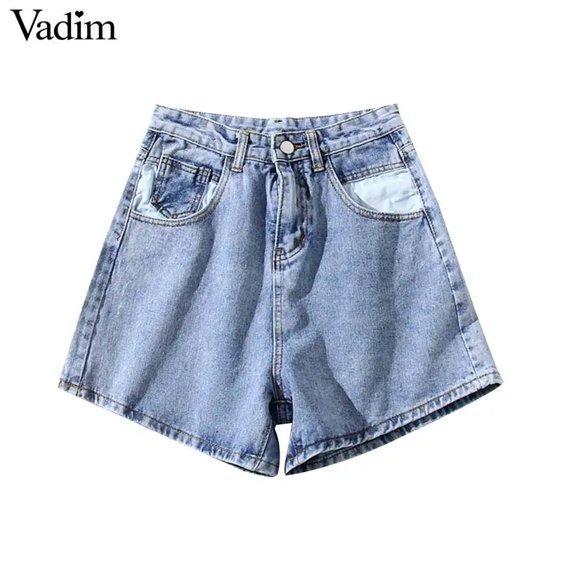 

Vadim women basic denim shorts high waist pockets zipper fly female casual fashion chic shorts pantalones cortos SA105