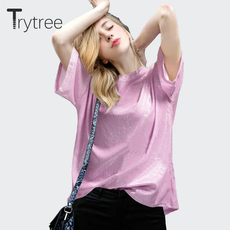 Trytree Spring Summer Women t shirt Casual Polyester tshirt Fashion O-Neck Pink Silver Tops clothes Solid Polyester Shirts